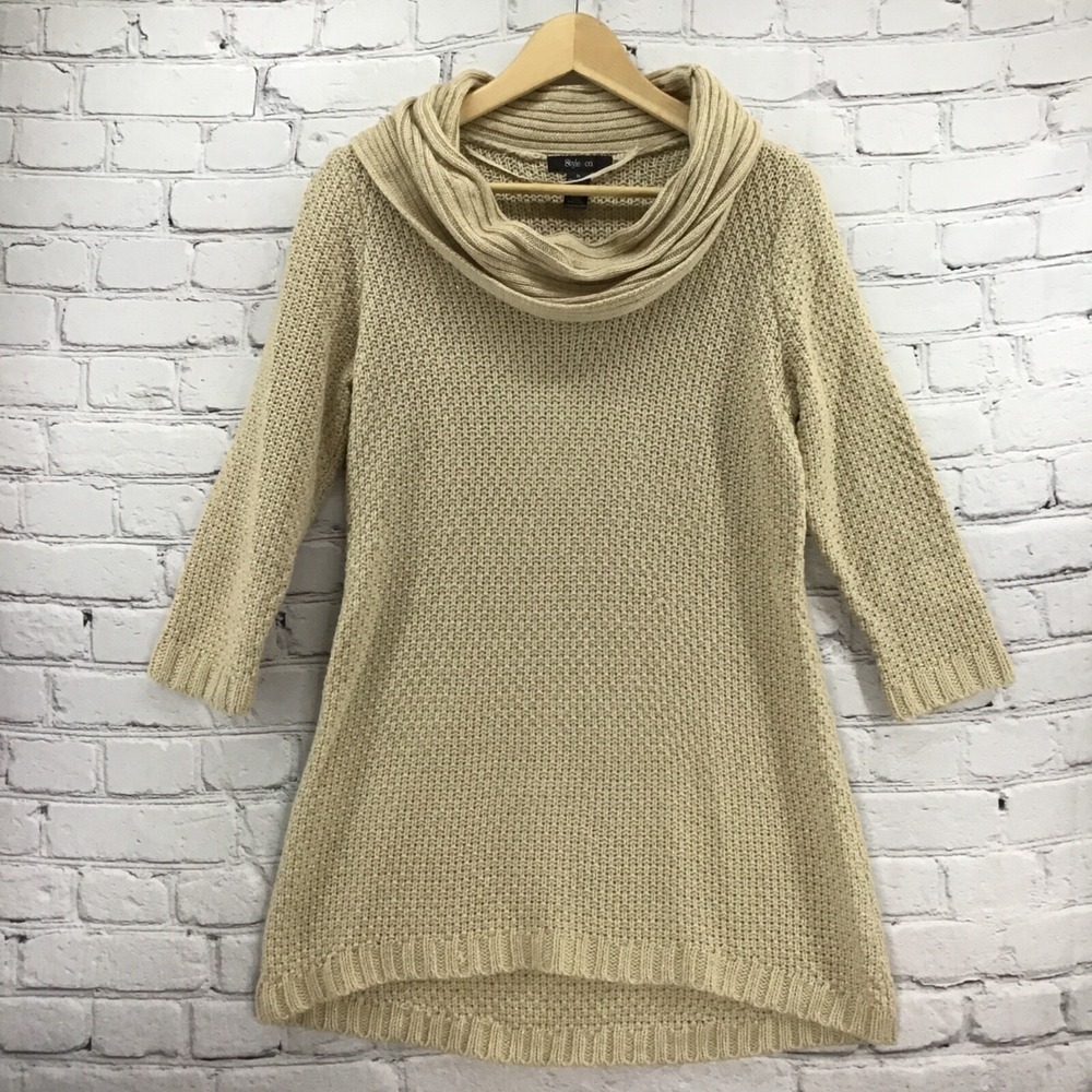 Style & Co Beige Knit Sweater Sz M Medium Cowl Neck Pullover